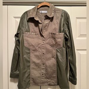 Zara studded shacket with faux leather sleeves olive green khaki green